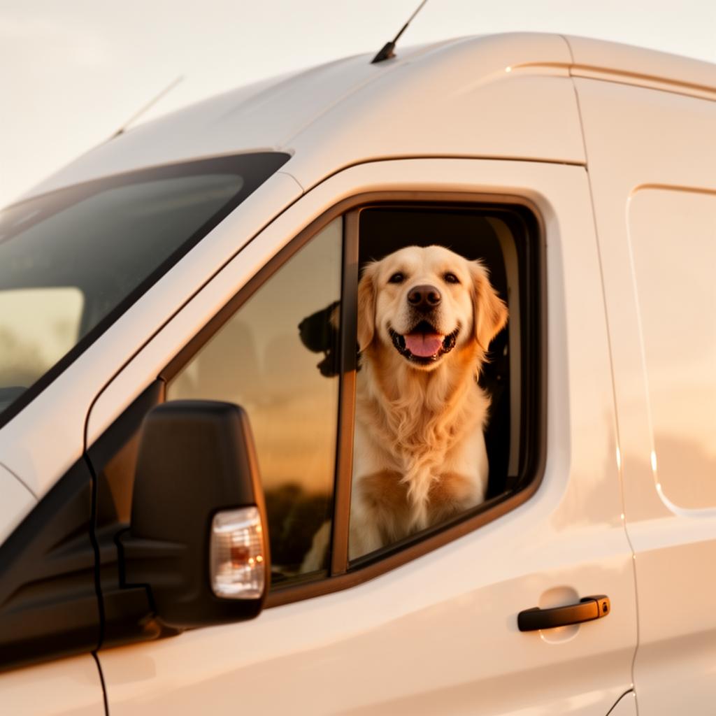 A relaxed golden retriever looking out of the J&R Pet Care van window at golden hour