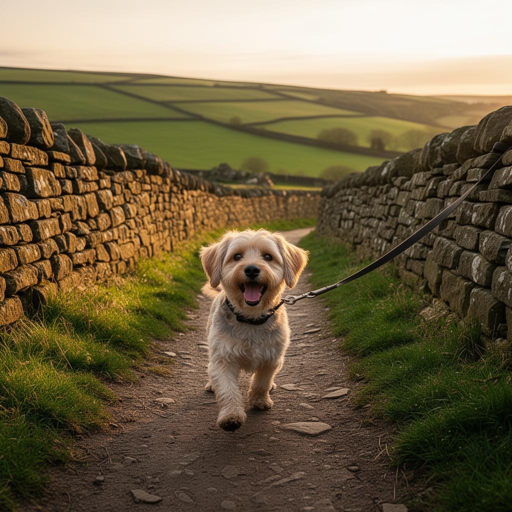 A happy dog mid-walk on a Yorkshire moor with its J&R walker